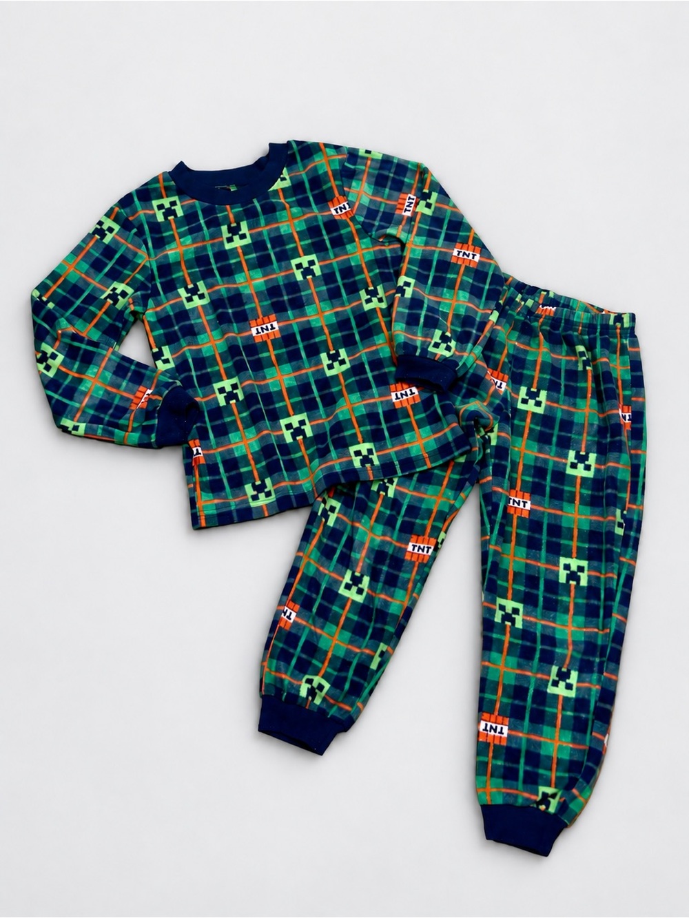 Minecraft Boys Fleece Pajama Set Size S 6/7 Green Plaid Creeper TNT